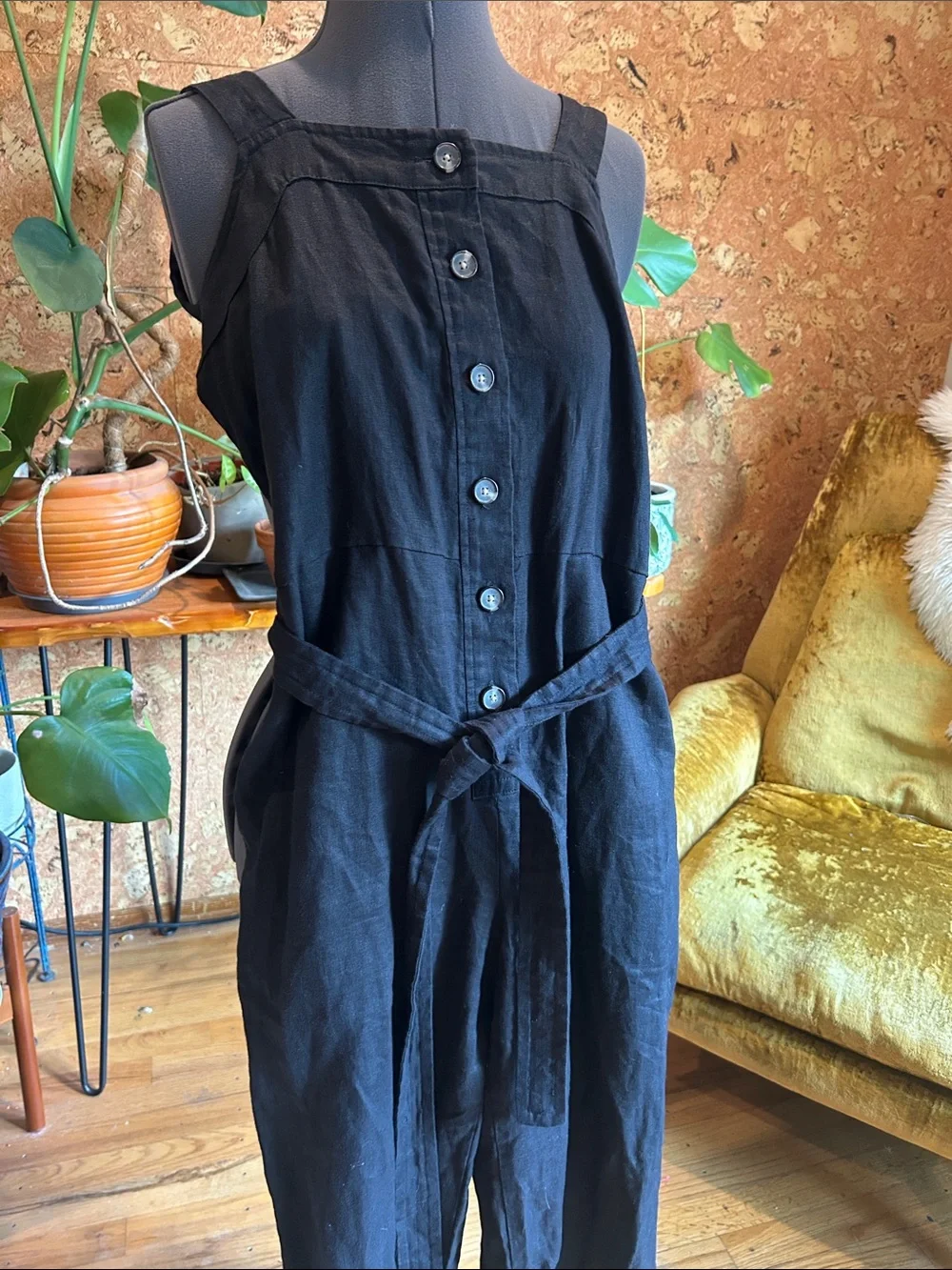 Everlane Black Linen Button-Front Jumpsuit with Tie Waist